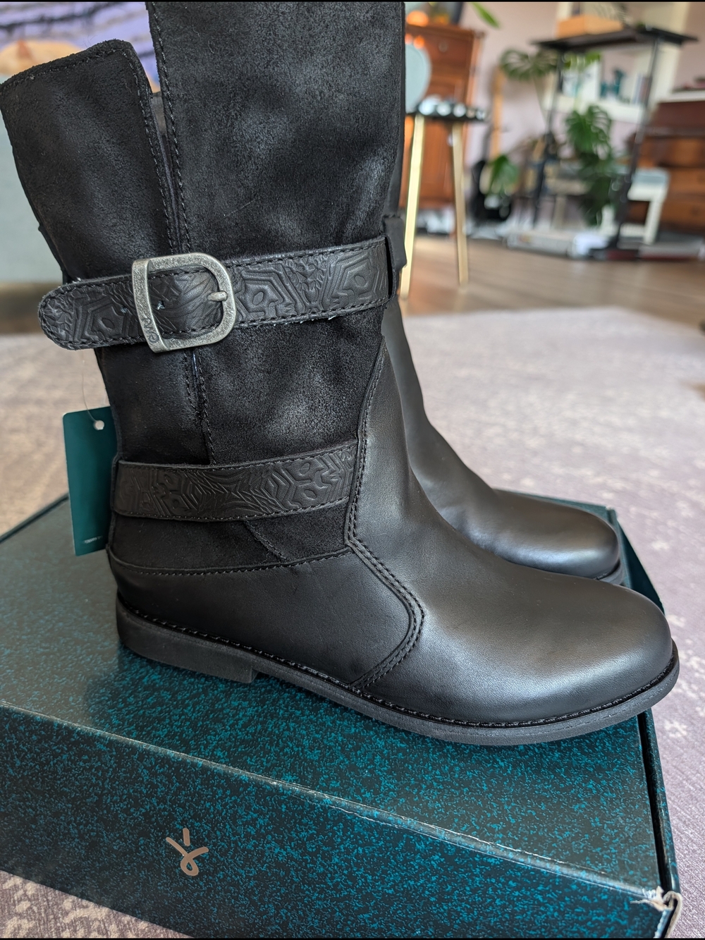 Emu Black Leather & Suede Mid-Calf Moto Boots